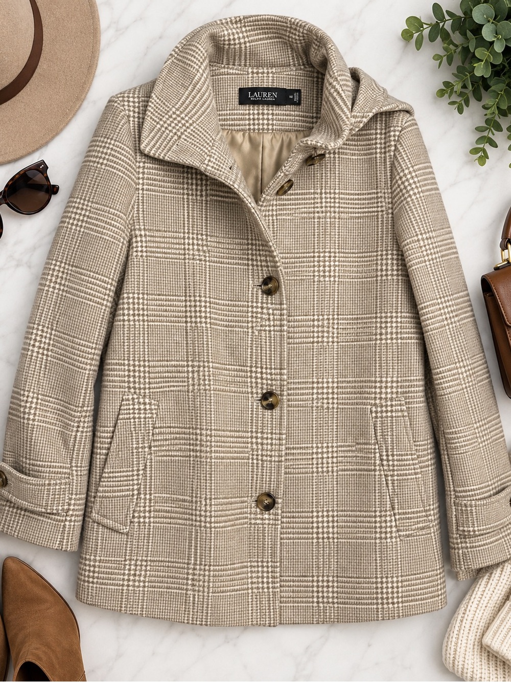 LAUREN Ralph Lauren Plaid Hooded Wool Blend Coat – Size 14